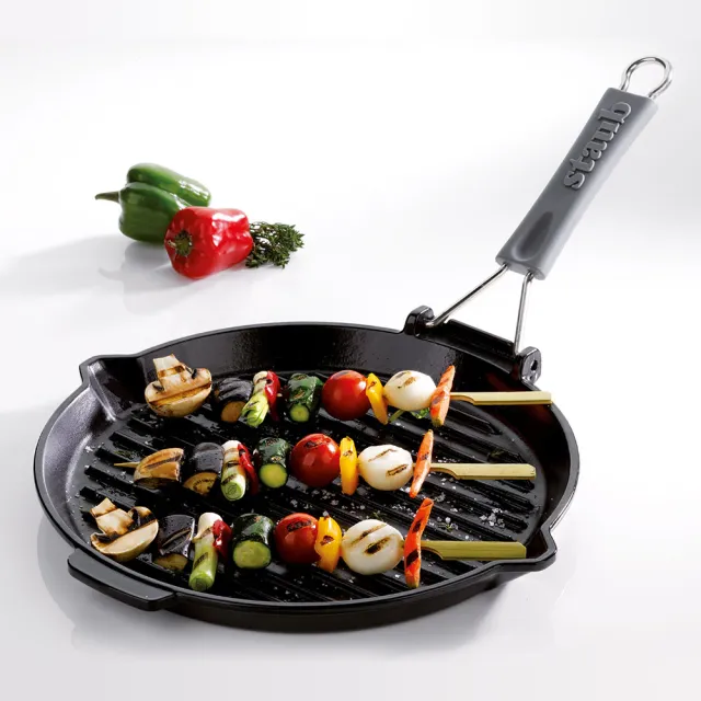 【STAUB】戶外摺疊式手柄圓形琺瑯鑄鐵煎烤盤27cm-黑色(德國雙人牌集團官方直營)
