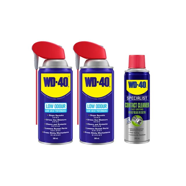 【WD-40】低油味 多功能除銹潤滑劑2入組 附專利型活動噴嘴 300ml+SPECIALIST 快乾型精密電器清潔劑200ml