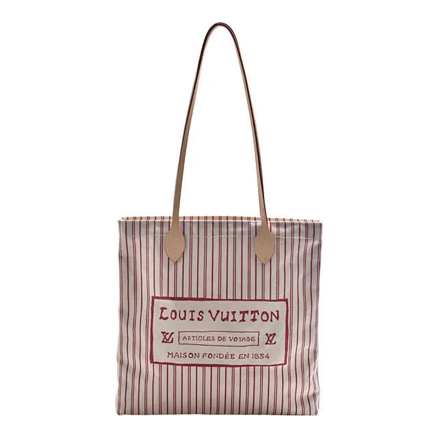 【Louis Vuitton 路易威登】M15121 經典CARRY IT系列條紋帆布牛皮飾邊條紋托特包(米色/紅色)