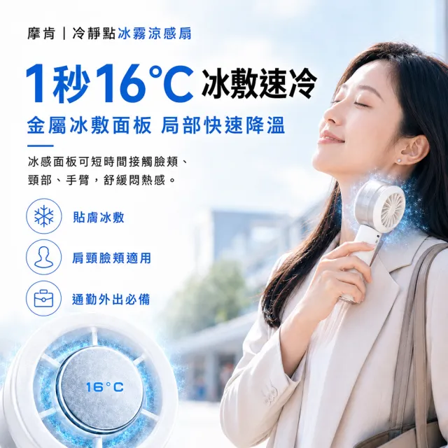 【摩肯】冷靜點 冰霧涼感扇 吹風冰敷細霧三效合一(靜音風扇 秒冰鎮 強續航 細霧補水 隨身登機 附掛繩)