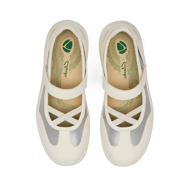 【Clarks】女鞋 輕鬆走 Tri Ease Jen真皮魔鬼氈瑪莉珍 休閒鞋 運動鞋(白/銀色)(CLF87345C)