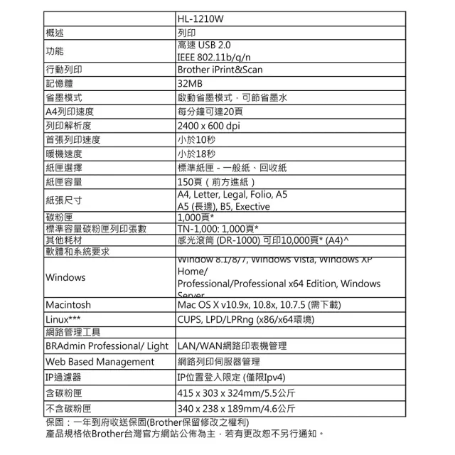 【brother】官方直營 搭1支黑色碳粉匣+32G隨身碟★HL-1210W 無線黑白雷射印表機(列印/無線網路/行動列印)