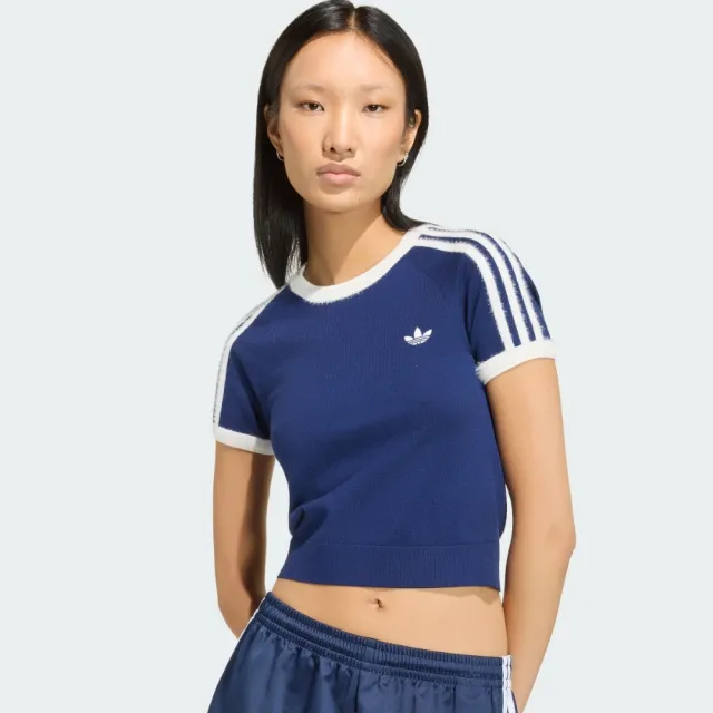 【adidas 愛迪達】短袖上衣 女 短版 三葉草 亞規 KNIT TEE 藍 KW2606