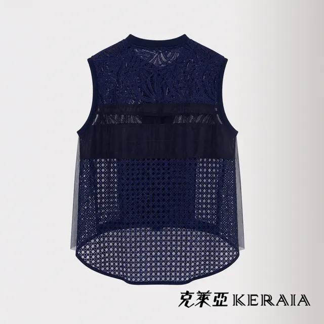 【KERAIA 克萊亞】深幽海藍孔洞蕾絲背心外套