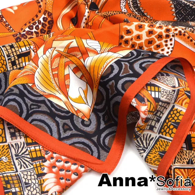 【AnnaSofia】100%桑蠶絲真絲絲巾領巾圍巾-方型 亮緞面(熱帶神祕叢林-橘紅系)