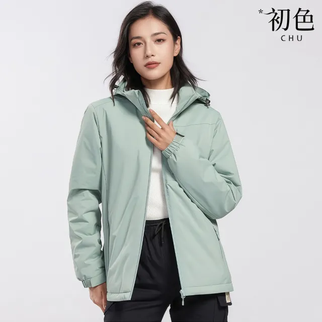 【初色】出清品 休閒風加絨保暖防風防潑水抽繩連帽長袖風衣男女款外套-共2款6色-16827(M-4XL可選/快速出貨)