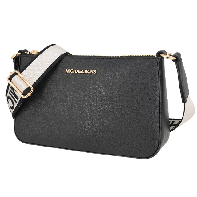 【Michael Kors】JET SET TRAVEL系列 防刮皮革 金字LOGO 寬背帶 三合一 斜背包 麻將包(經典黑)
