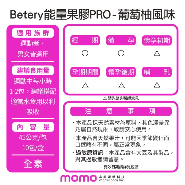 【Betery】Energy Gel 能量果膠 PRO 葡萄柚風味(10包入/盒)