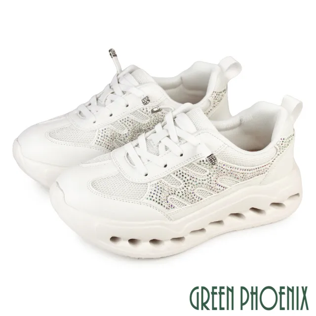 【GREEN PHOENIX 波兒德】女 休閒鞋 厚底休閒鞋 輕量 免綁鞋帶 透氣 水鑽(粉紅、白色)
