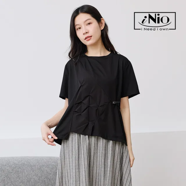 【iNio 衣著美學】單側壓褶拼接短袖上衣 女短袖上衣 不對稱上衣 腰間抽繩上衣 設計感棉T  CHW1085
