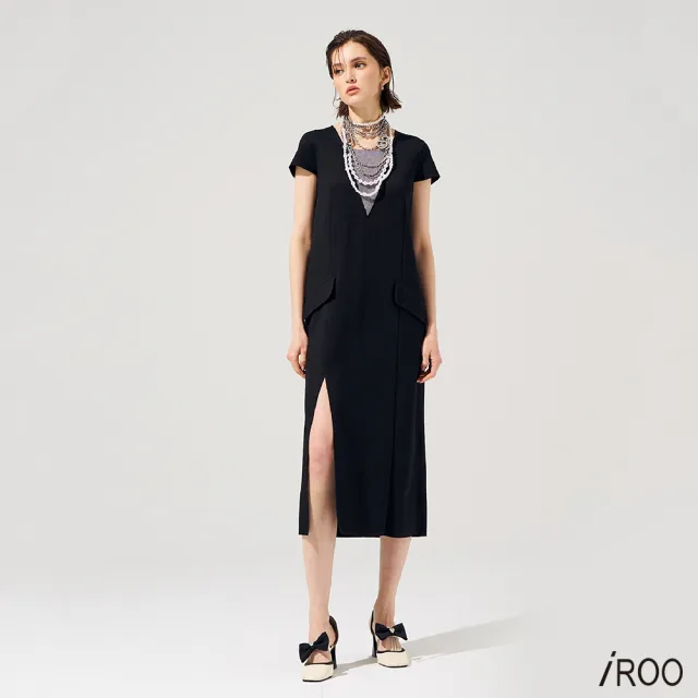 【iROO】黑灰假兩件式長洋裝