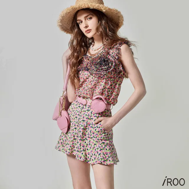 【iROO】花菱草印花荷葉短褲裙
