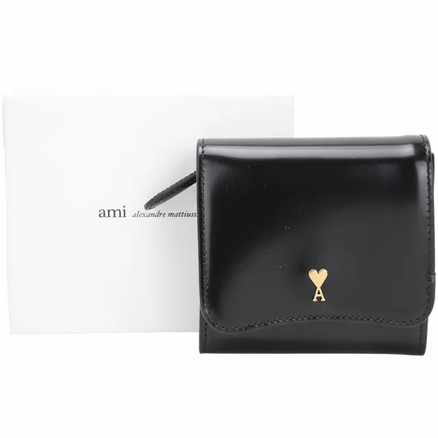 【AMI PARIS】Paris Paris 愛心A光滑牛皮翻蓋釦式短夾(黑色 法國精品)