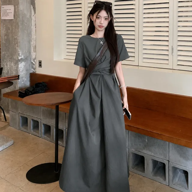 【AS 梨卡】女裝 洋裝 長裙 連身長裙 交叉綁帶 短袖連身裙 夏天洋裝 設計感長裙 韓系 HZ279