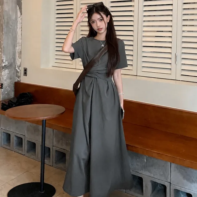【AS 梨卡】女裝 洋裝 長裙 連身長裙 交叉綁帶 短袖連身裙 夏天洋裝 設計感長裙 韓系 HZ279