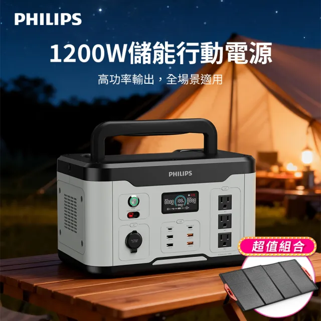 【Philips 飛利浦】160W太陽能板超值組-1200W 攜帶式儲能電池 行動電源(DLP8095S 露營/戶外/10孔同步輸出)