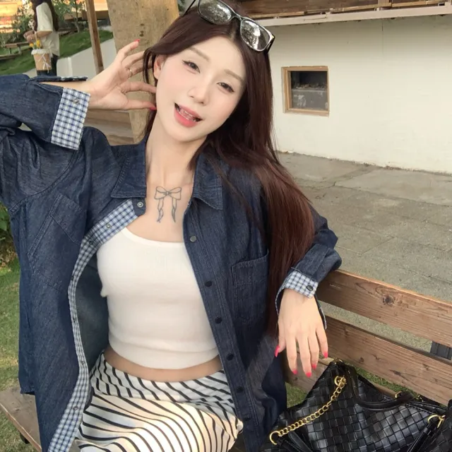【AS 梨卡】女裝 襯衫 長袖 薄外套 復古牛仔 牛仔格子襯衫 寬鬆外套 撞色襯衫 袖口拼接HZ083