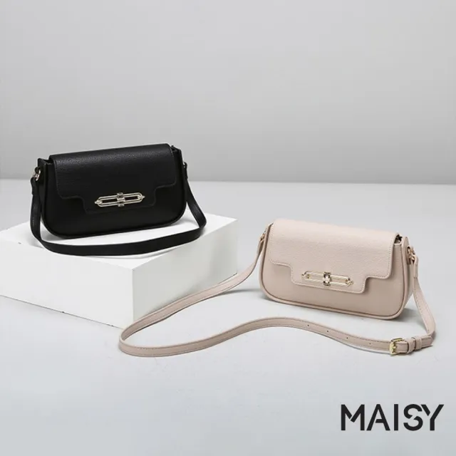 【MAISY】氣質簡約荔枝皮革金屬質感斜跨包 側肩包(米白色 / 黑色)