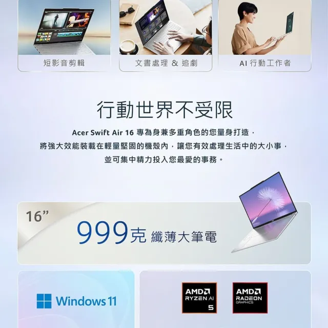 【Acer】獨家送羅技鼠★16吋Ryzen AI 5 999g輕薄 AI 筆電-月銀白(Swift Air/SFA16-61M-R1PA/R5-330/16G/512