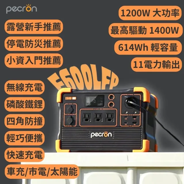 【Pecron】儲能電站E600LFP性能小鋼炮1200W+120W太陽能板組(露營儲能入門首選/安全耐用磷酸鐵鋰)