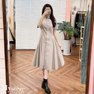 【my stere 我的時尚秘境】縮腰打褶傘擺連身裙 兩色可選 基本款洋裝 純棉洋裝 工裝連身裙