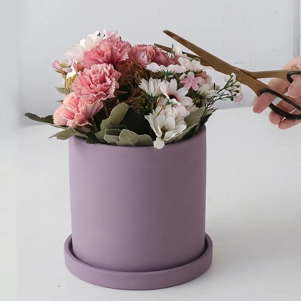 【KOTI 日安生活】莫蘭迪色陶瓷花盆圓筒形附底盤/盆栽/花槽-15cm(有底孔透氣排水好)