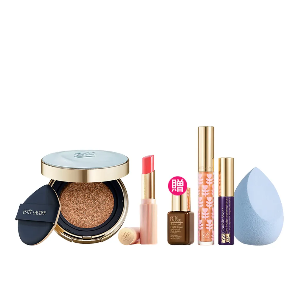 【Estee Lauder 雅詩蘭黛】粉持久氣墊水啵啵潤唇膏組(完美鎖妝氣墊粉餅+水啵啵琉璃潤唇膏/IU同款/底妝)