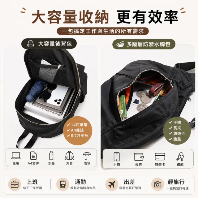 【WHOSE BAG】雙11 日系25L防潑水後背包+機能胸包超值組 10格收納 14吋筆電 通勤旅行男女適用 買