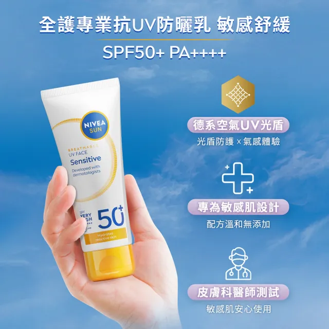 【NIVEA 妮維雅】新品上市★全護專業抗UV防曬乳SPF50+敏感舒緩/油光掰掰 40mlX2入(海洋友善)