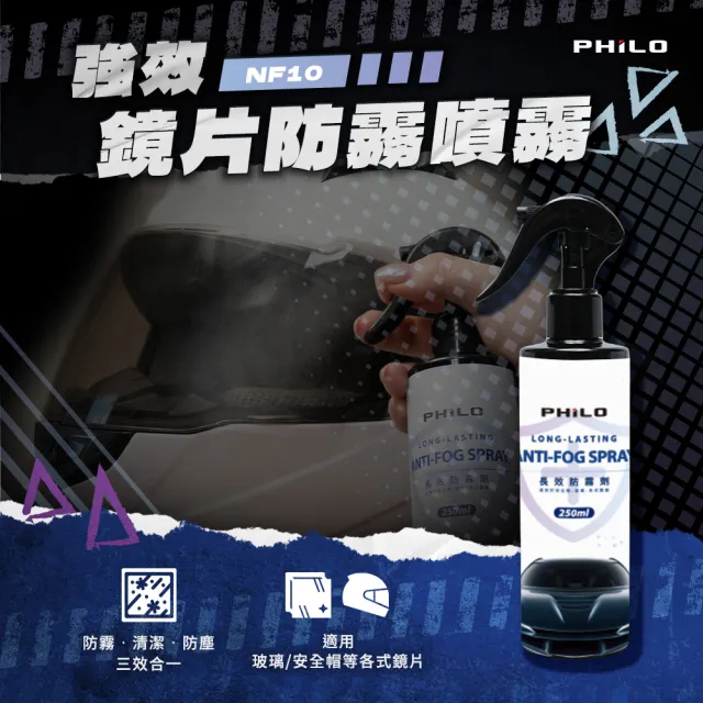 【Philo 飛樂】強效鏡片防霧噴霧250ml NF10(汽車玻璃防霧/後照鏡防霧|安全帽鏡片/眼鏡防霧/浴室鏡防霧)