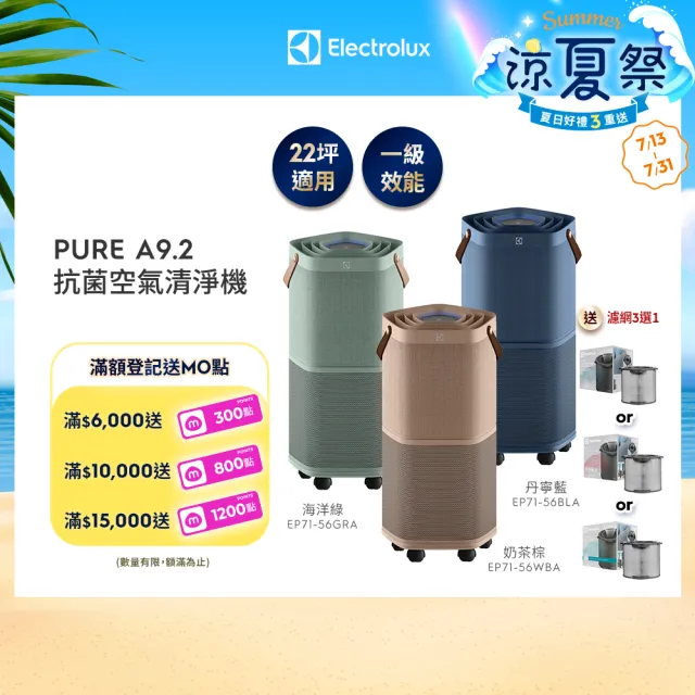 【Electrolux 伊萊克斯】高效能抗菌空氣清淨機 EP71-56 三色(Pure A9.2 三色任選 22坪內適用)