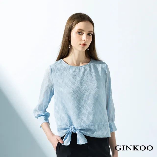 【GINKOO 俊克】格紋燒花綁帶上衣