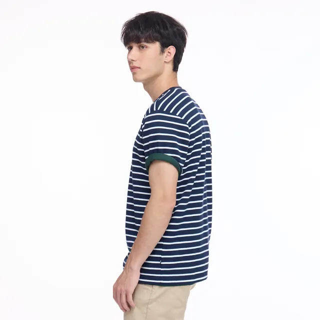【NAUTICA】官方旗艦 男裝 條紋網眼棉質短袖T恤(深藍白色)
