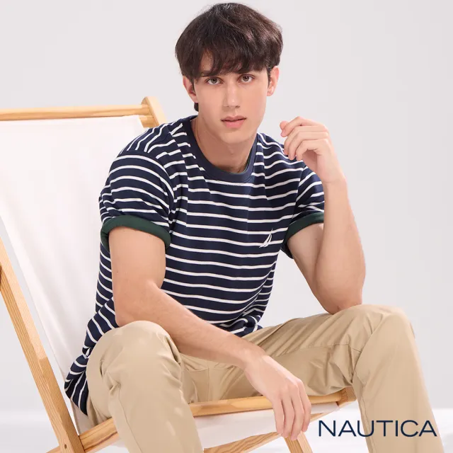 【NAUTICA】官方旗艦 男裝 條紋網眼棉質短袖T恤(深藍白色)