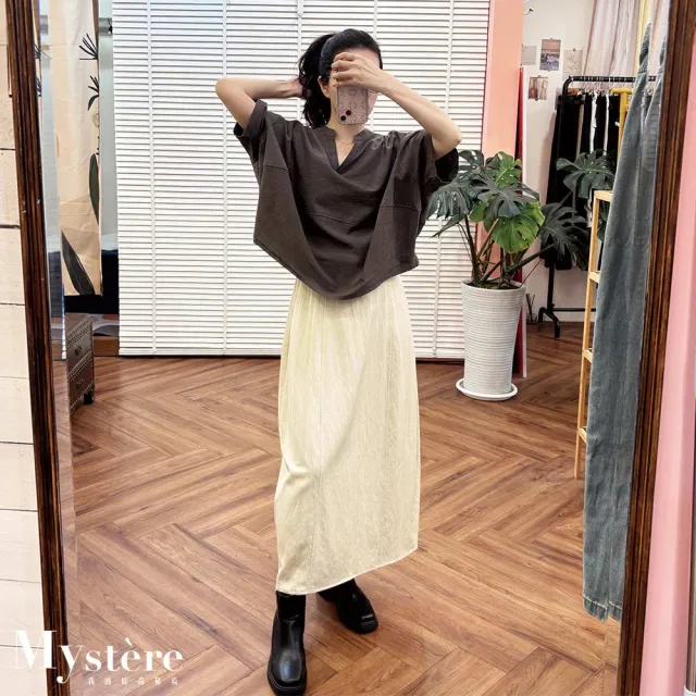 【my stere 我的時尚秘境】寬鬆氣球剪裁V領上衣 煙灰 飛鼠袖上衣 寬鬆上衣 oversize上衣 寬