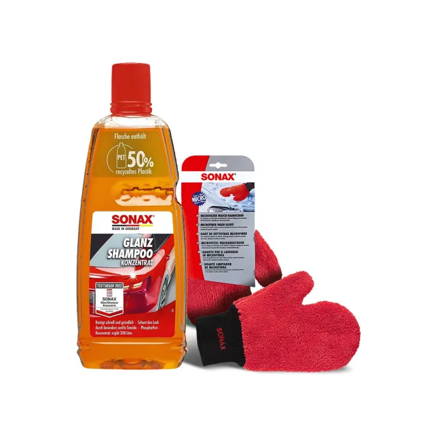 【SONAX】光滑洗車精1000ml+洗車手套1入(200倍濃縮.有效清潔)