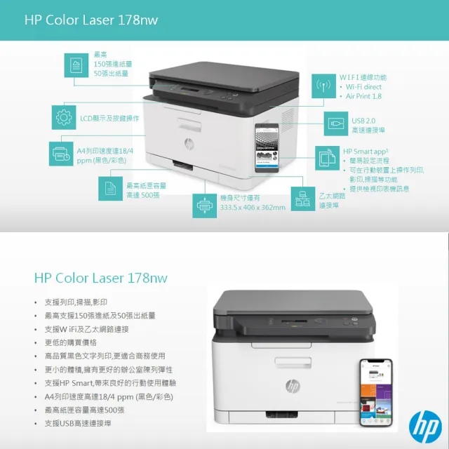 【HP 惠普】官方直營 搭1黑3彩碳粉★Color Laser 178nw 三合一 Wifi彩色雷射複合機(列印/影印/掃描/無線/乙