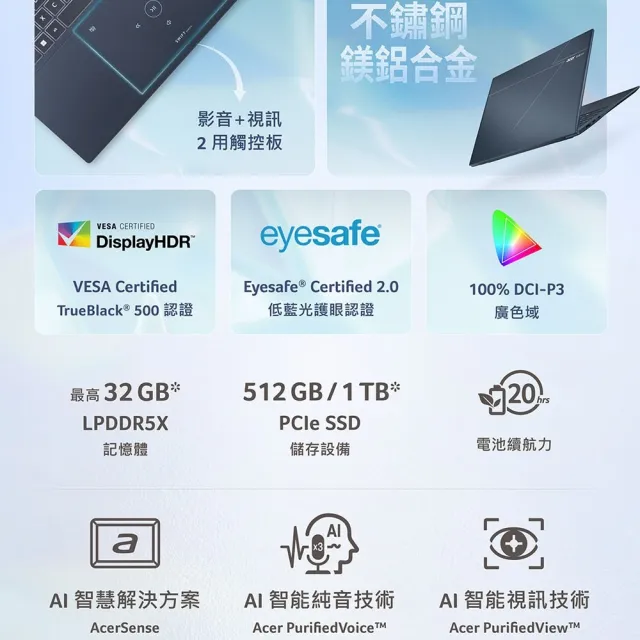 【Acer 宏碁】16吋3K OLED輕薄AI筆電-冷冽藍(Swift Edge/SFE16-I51-53GL/Ultra 5-325/32G/512G/W11)