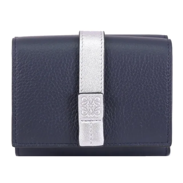 【LOEWE 羅威】經典烙印LOGO撞色牛皮雙面三折零錢短夾(深藍/銀)