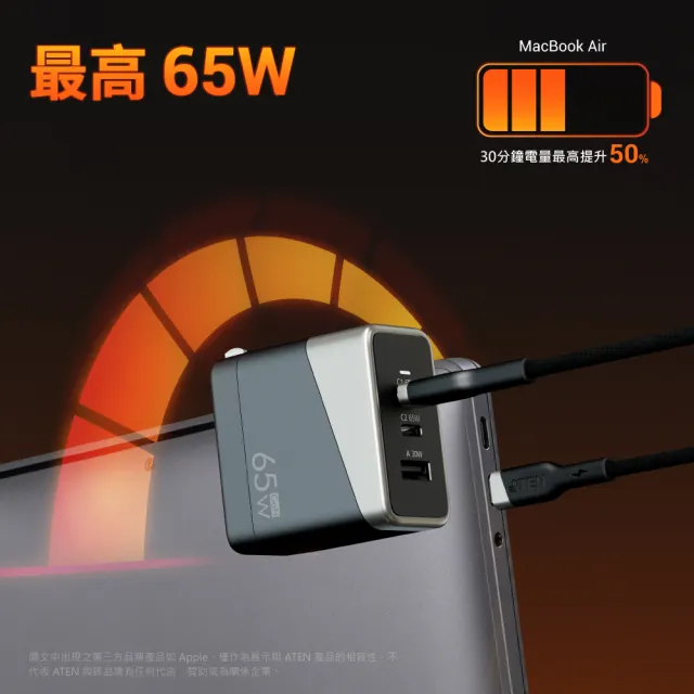 【ATEN】65W 3孔氮化嫁 GaN 快速充電器 (UP365)