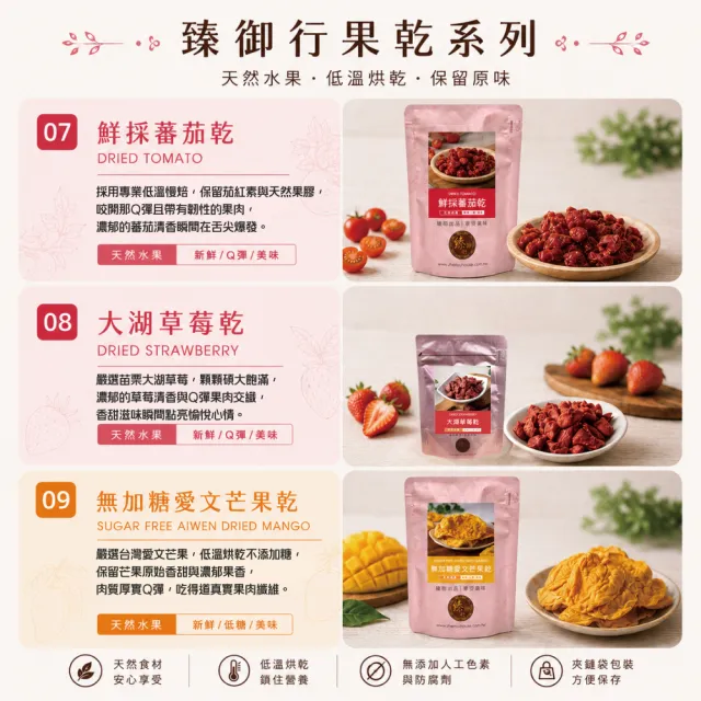 【臻御行】台灣水果乾任選(無加糖愛文芒果/芭樂乾/橘子乾/蘋果乾/水蜜桃乾/草莓乾/情人果乾/鳳梨乾/蕃茄乾)