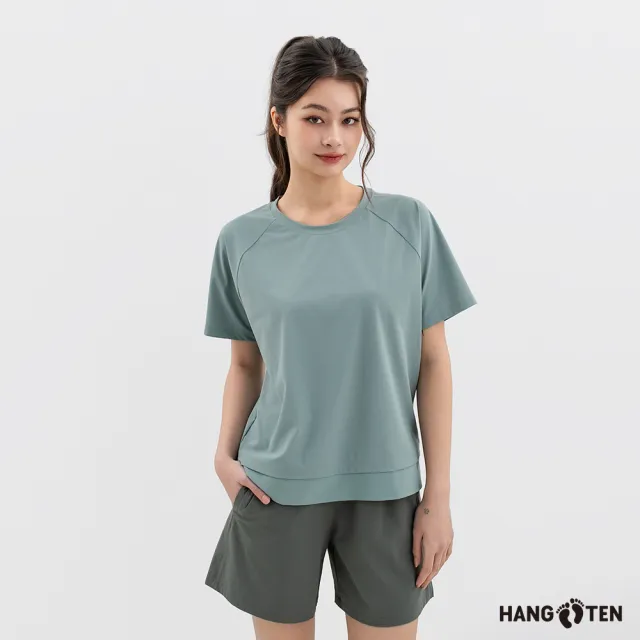 【Hang Ten】Hang Ten- 冰沙涼感拼接下襬短袖T恤-女(粉綠)