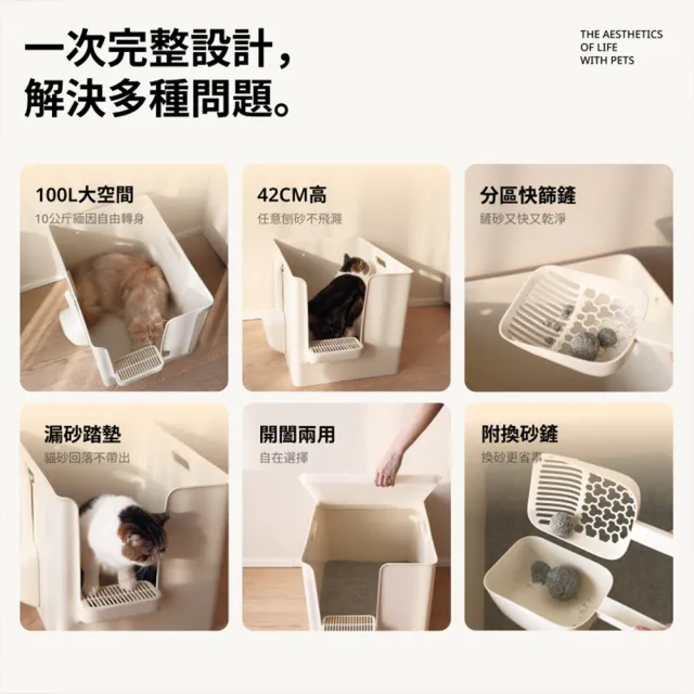 【meoof】大別墅貓砂盆 奶油白/寶寶藍/薔薇粉/薄荷奶綠(100L大空間 半封閉式貓砂盆 開合兩用 加大加深)