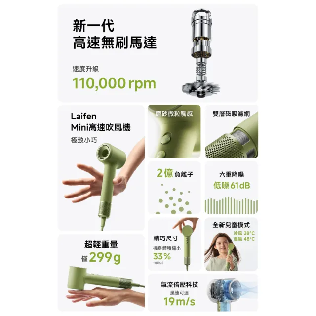 【Laifen 徠芬】組合↘95折｜MINI 299g 高速負離子吹風機(雙配件組)+几素 Life 9 迷你手持高速風扇(附掛繩)