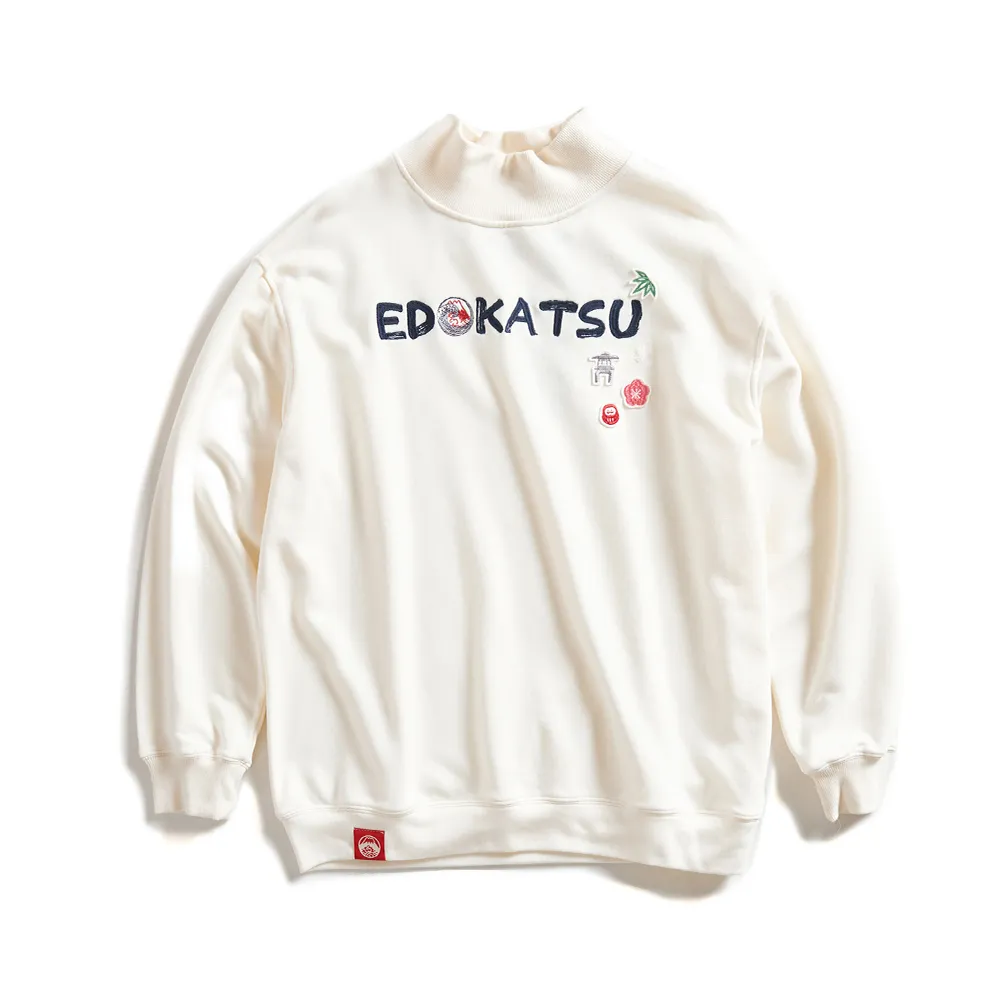 【EDWIN】江戶勝 女裝 經典和柄花紋刺繡貼布高領厚長袖T恤(淺卡其)