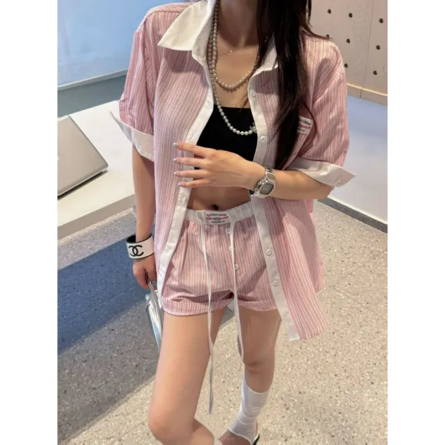 CHILL 慵懶高感！美式條紋襯衫+抽繩短褲套裝 兩件套 撞色領口 韓系套裝 睡衣風