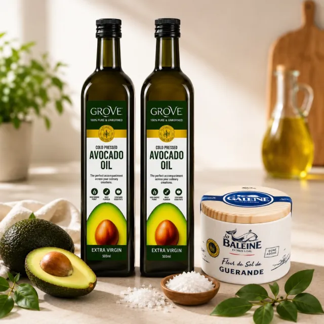 【GROVE 克羅福】紐西蘭第一品牌 Avocado Oil 頂級冷壓初榨酪梨油 500mlx2瓶+鹽之花125g