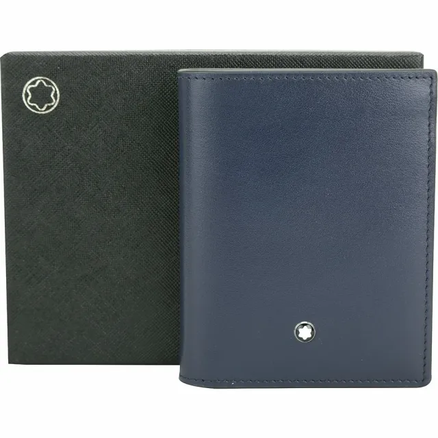 【MONTBLANC 萬寶龍】Meisterstuck 滑面牛皮6卡對折短夾(深藍色)