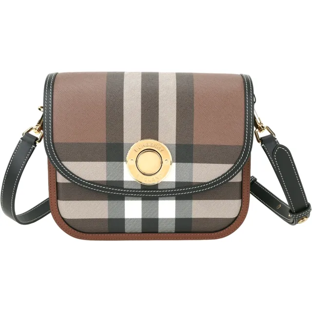 【BURBERRY 巴寶莉】Elizabeth 中款 環保格紋帆布拼小牛皮翻蓋斜背包(深樺木棕)