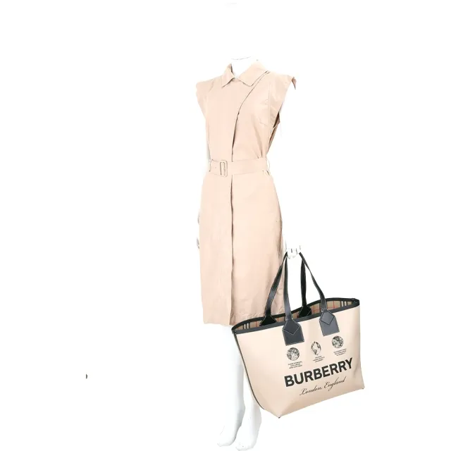 【BURBERRY 巴寶莉】London 大款 標籤印花棉質拼小牛皮托特包(附萬用包/米杏色)